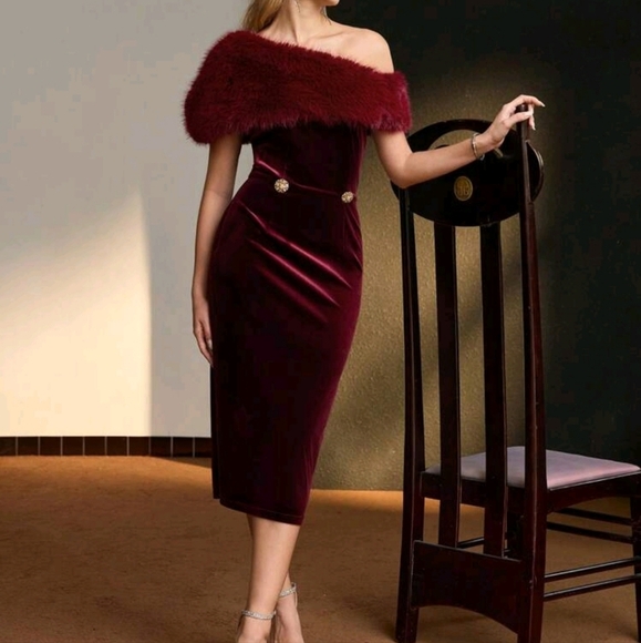 VELVET ASYMMETRICAL NECK FUZZY PANEL SLIM FIT COCKTAIL DRESS - Picture 1 of 5